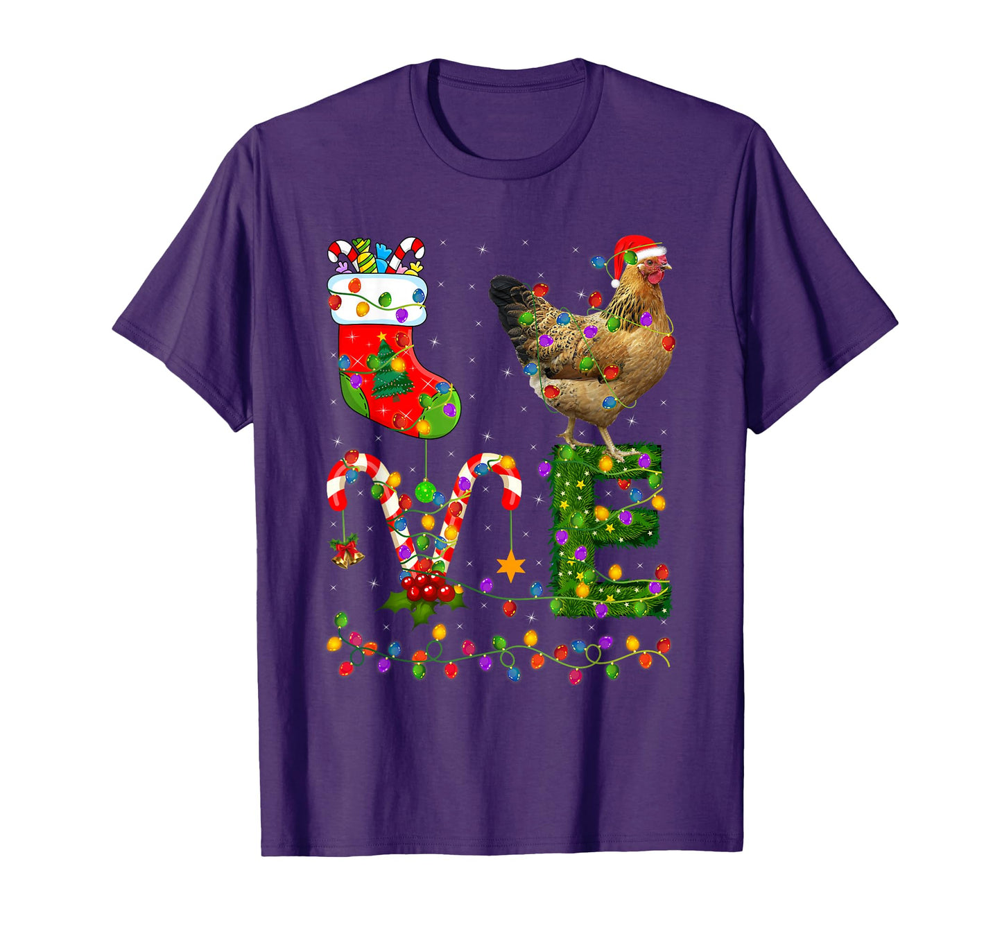 Love Chicken Christmas Lights Farm Animal Chicken Lover Xmas T-Shirt