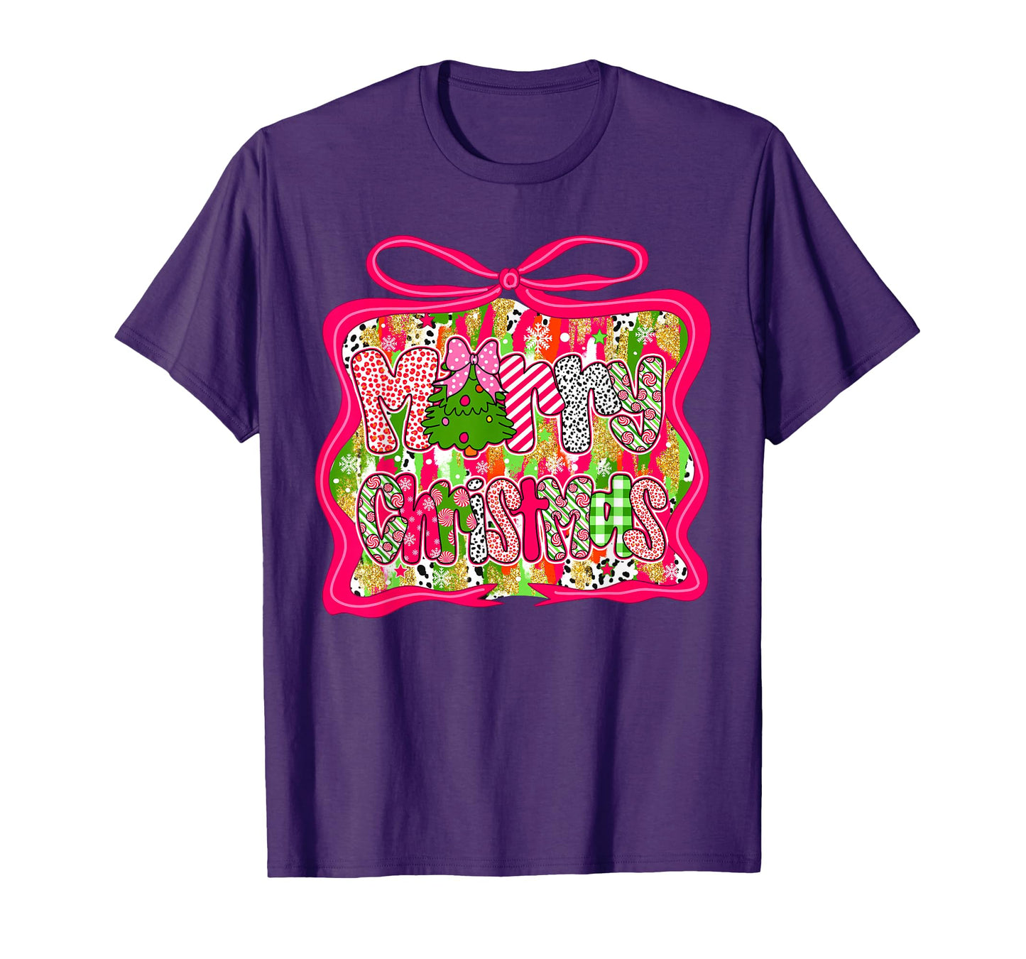 Preppy Coquette Bow Merry Christmas Girl Women Colorful T-Shirt