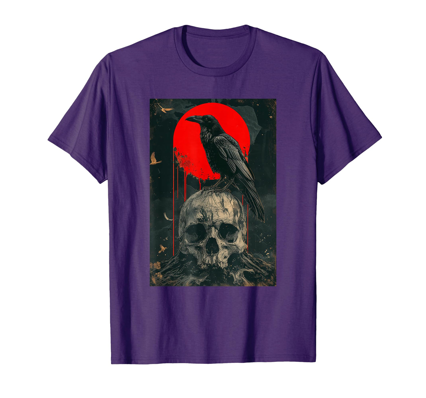Red Moon Black Gothic Raven Skull Graphic Black Crow T-Shirt