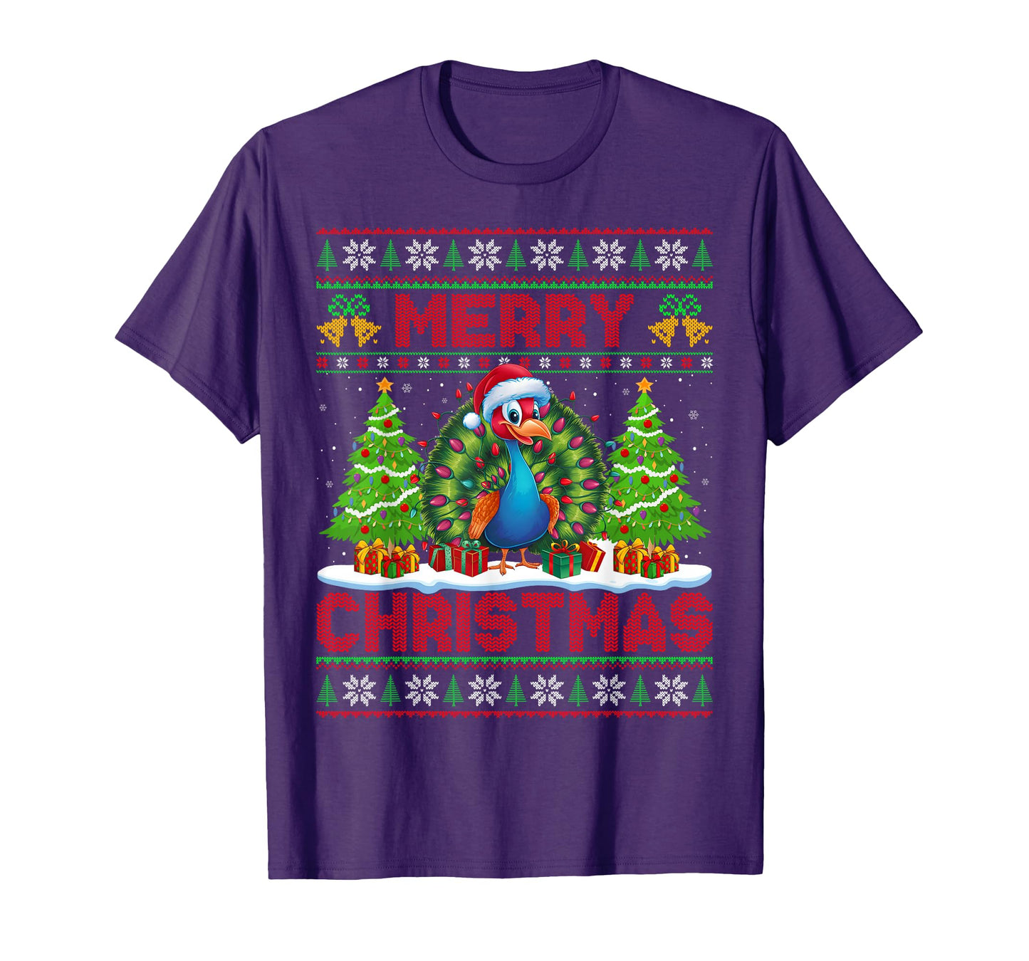 Peacock Bird Ugly Christmas Sweaters Funny Santa Lights Xmas T-Shirt