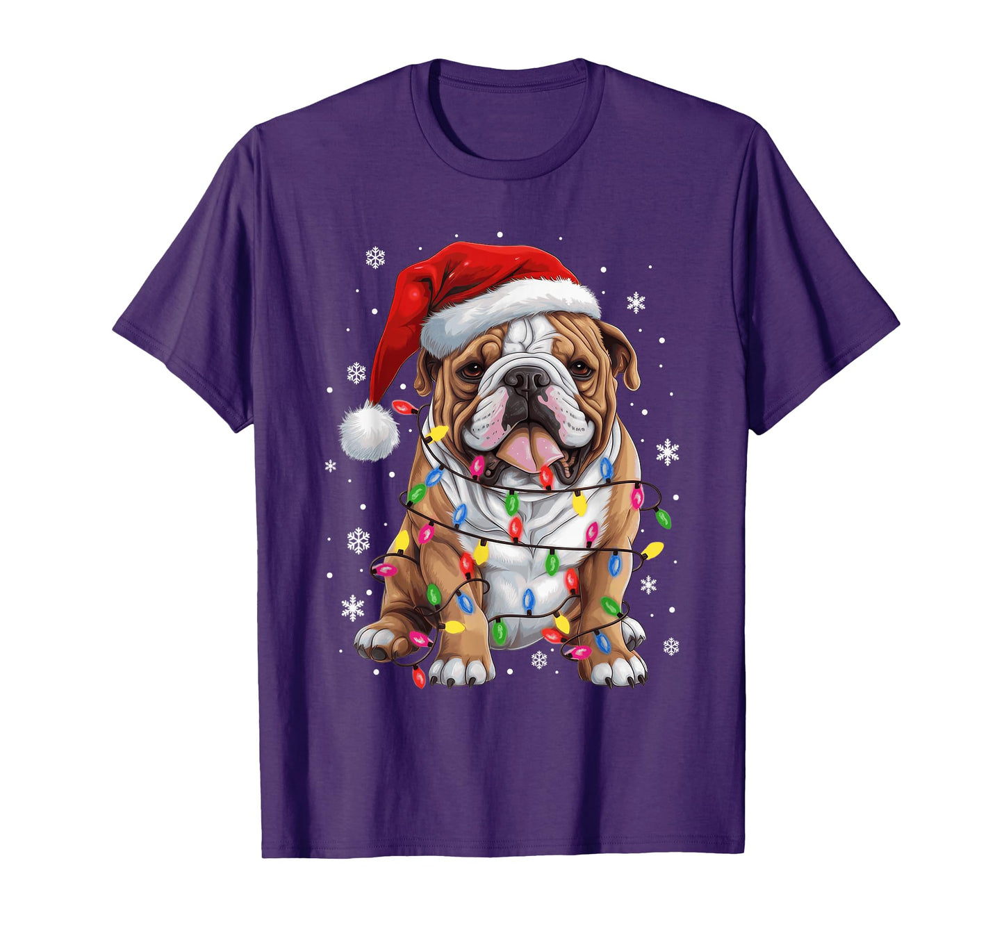 Funny Bulldog Dog Christmas Tree Light Xmas Santa Hat Pajama T-Shirt