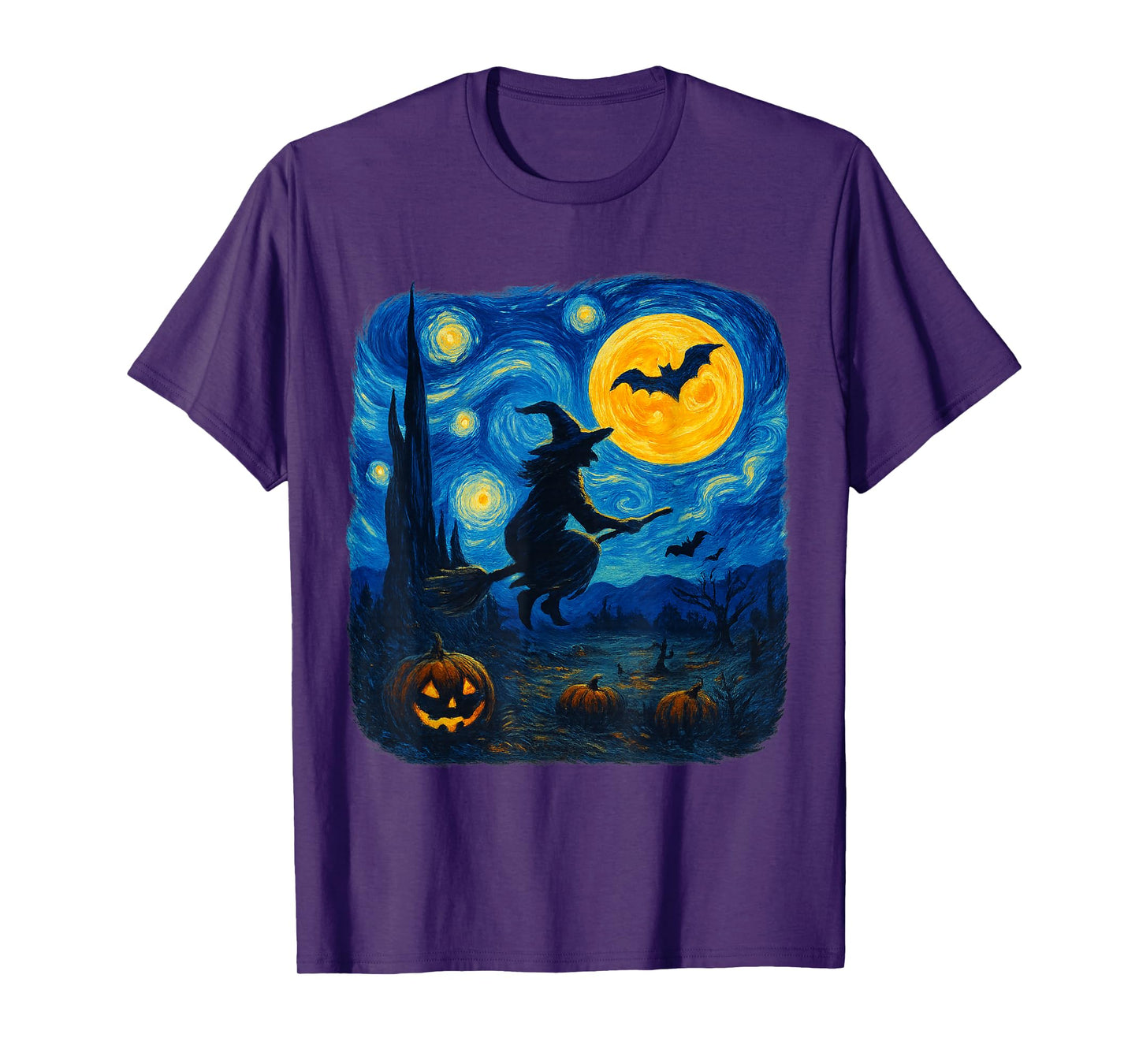 Witch Flying Over The Moon Halloween Pumpkin Patch Design T-Shirt