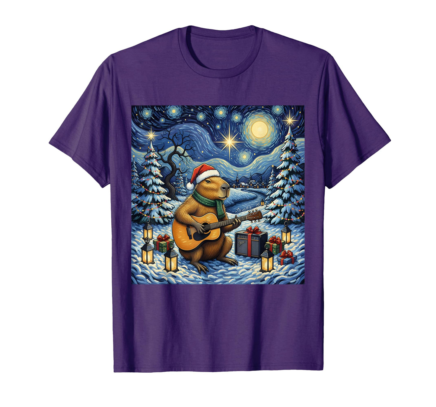Capybara Playing The Guitar Van Gogh Style Christmas Themed T-Shirt