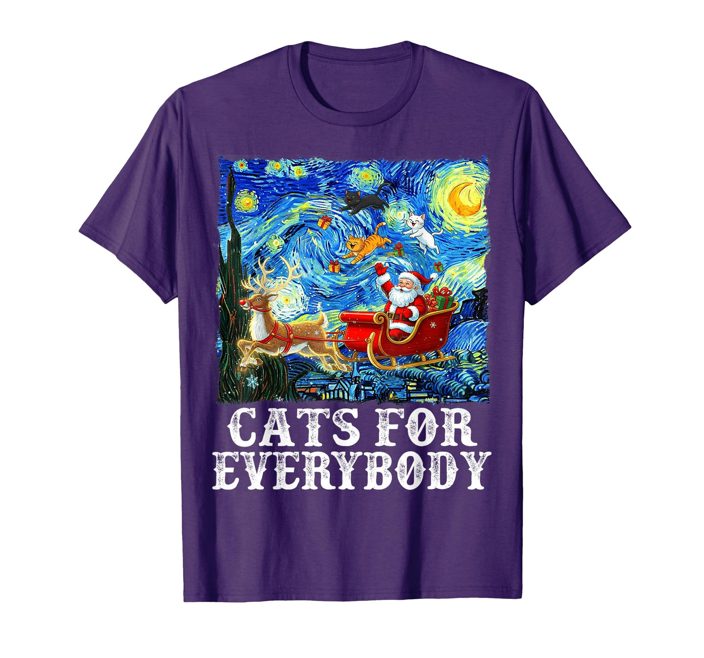 Santa Sleigh Christmas Cats for Everybody Starry Night Xmas T-Shirt