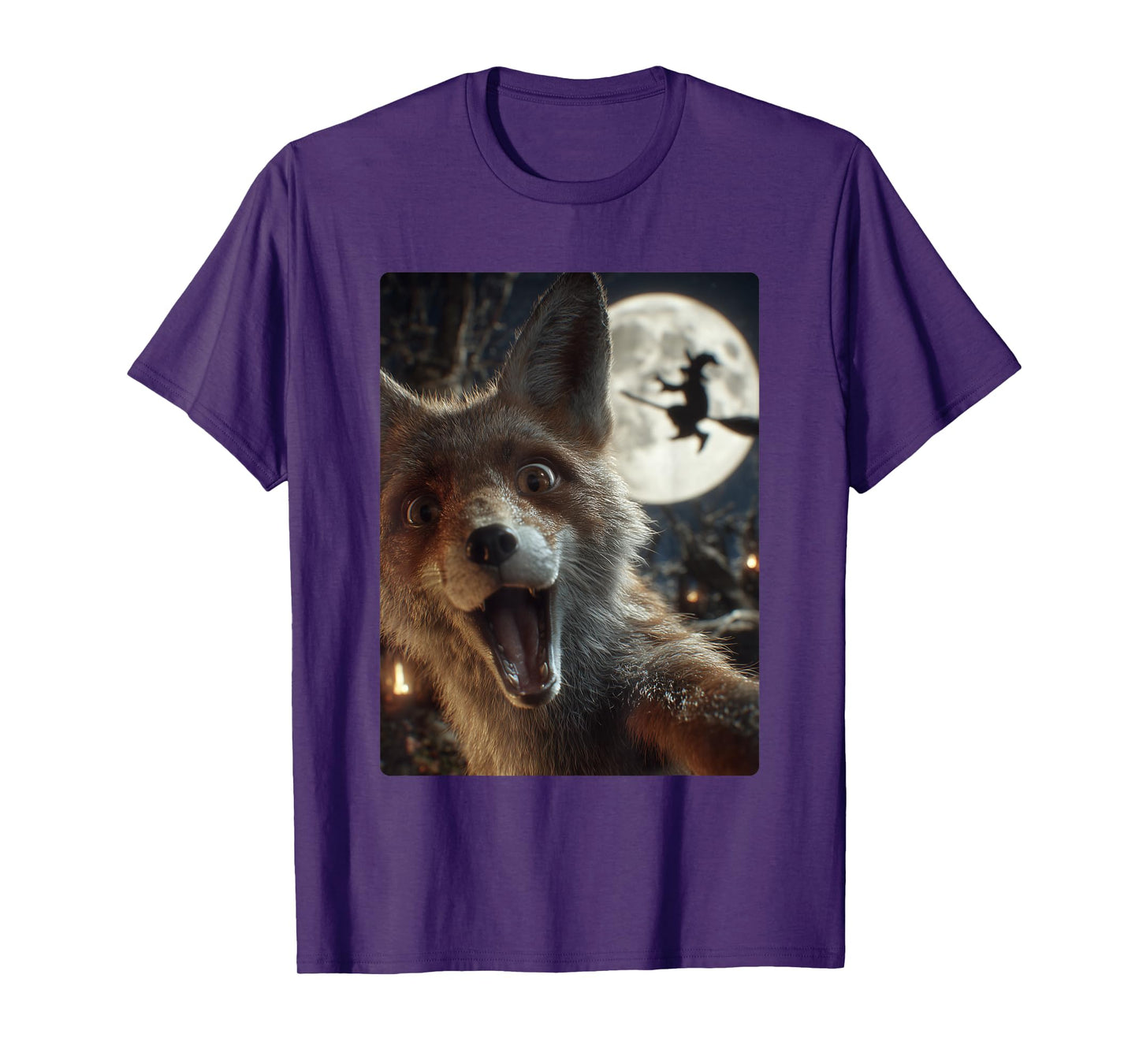 Funny Fox Selfie Full Moon Flying Witch Forest Halloween T-Shirt