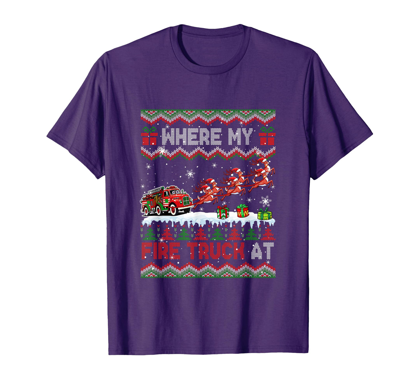 Where My Fire Truck at Christmas Sweater Sleigh Reindeer T-Shirt