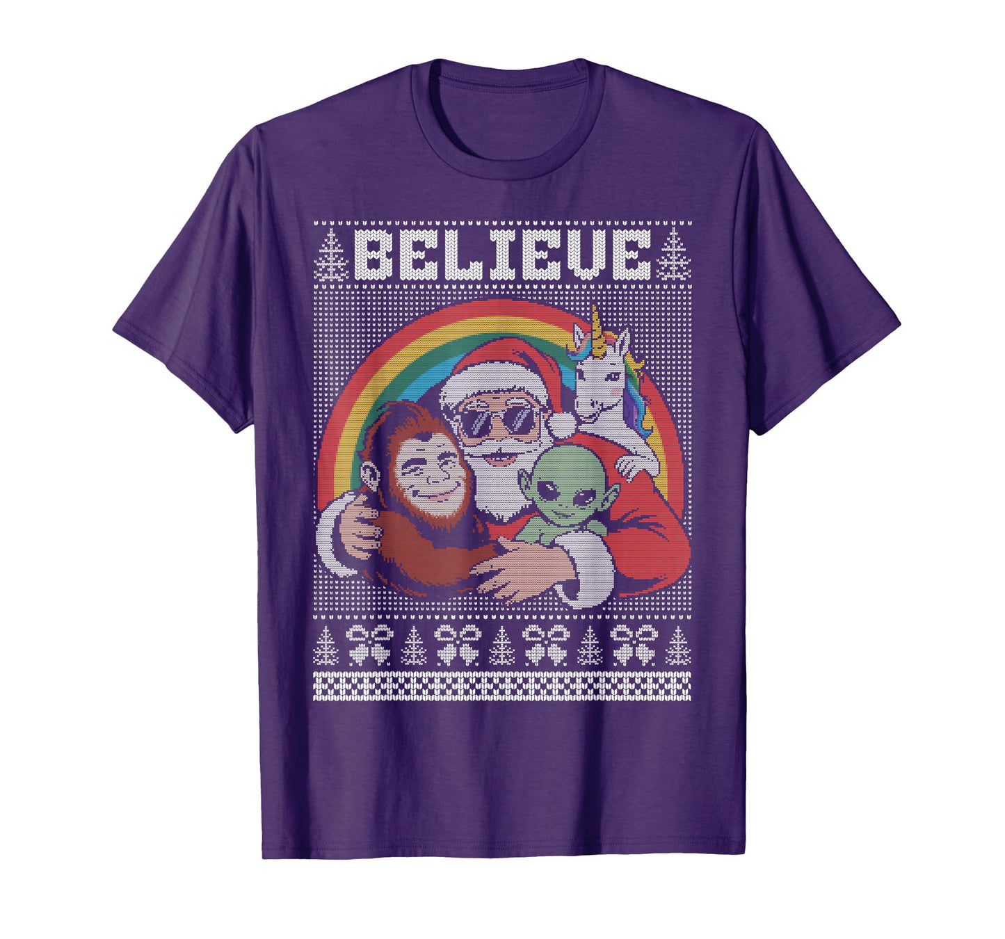 Believe, Santa Bigfoot Alien Unicorn Christmas Ugly Sweater T-Shirt