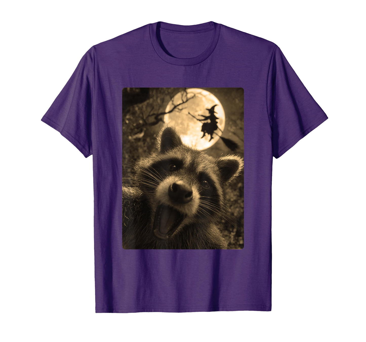 Funny Raccoon Selfie Full Moon Flying Witch Forest Halloween T-Shirt