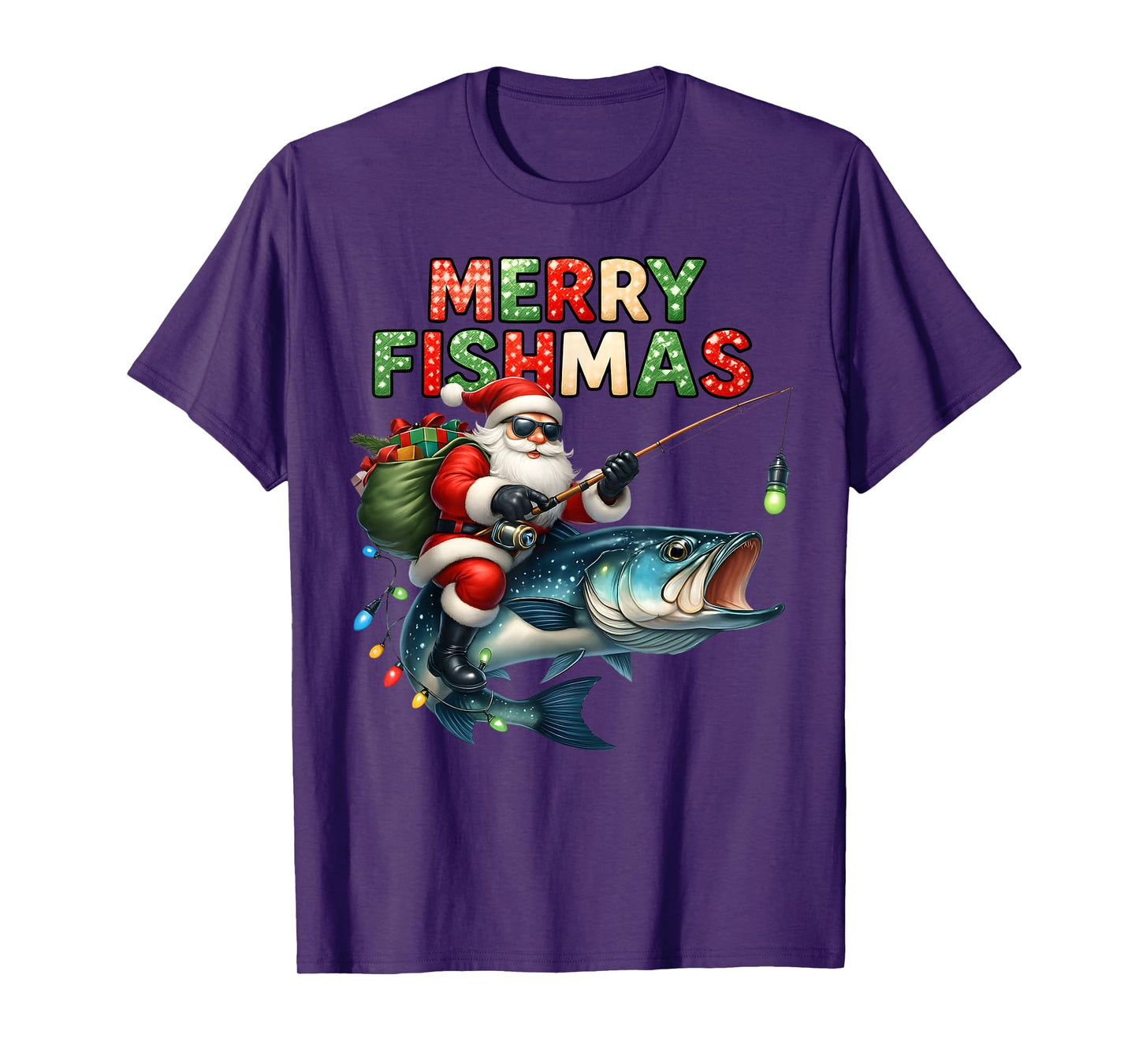 Merry Fishmas Santa Fishing Lovers Funny Christmas Lights T-Shirt