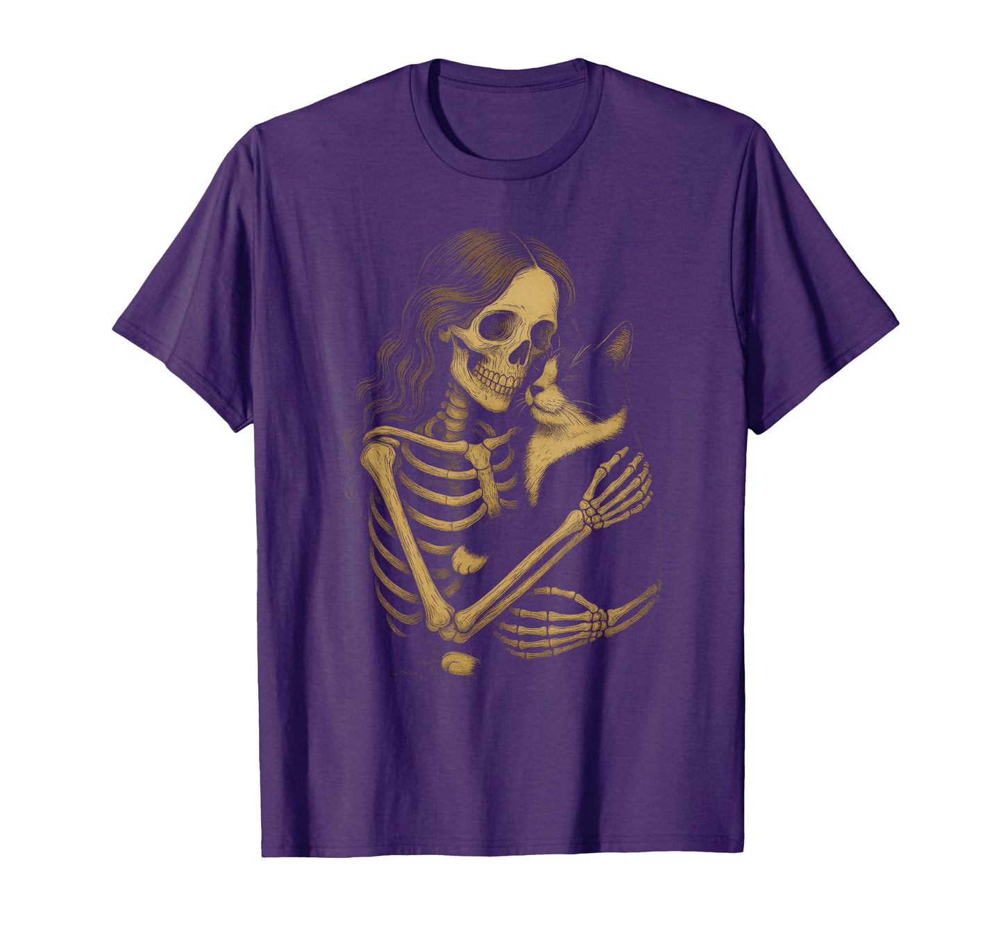 Vintage Skeleton Hugging Tuxedo Cat Halloween Cat Mom Women T-Shirt