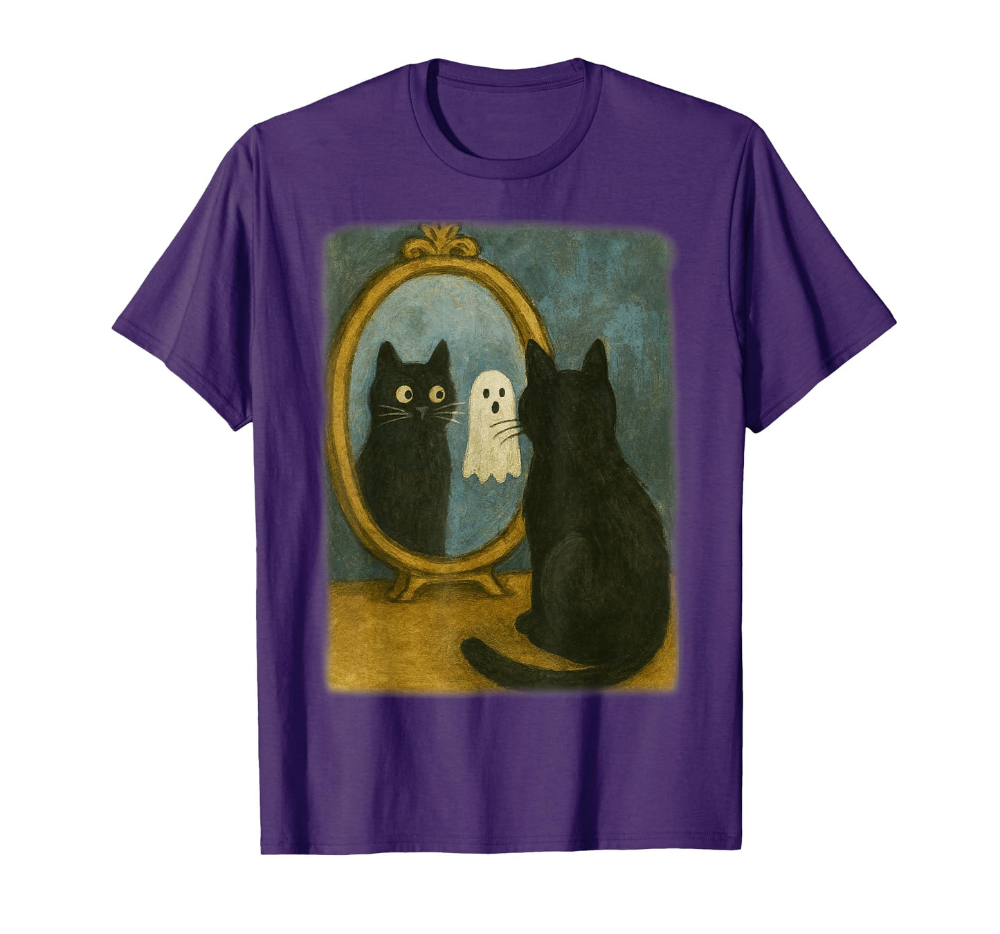 Vintage Halloween Black Cat Ghost in Mirror Cat Lover Kids T-Shirt
