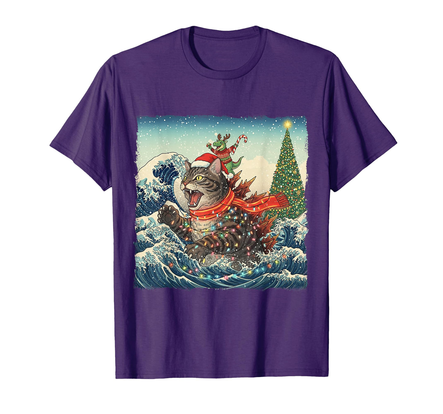 Cat Spooky Catzilla Japanese with Dino T-Rex Christmas Wave T-Shirt