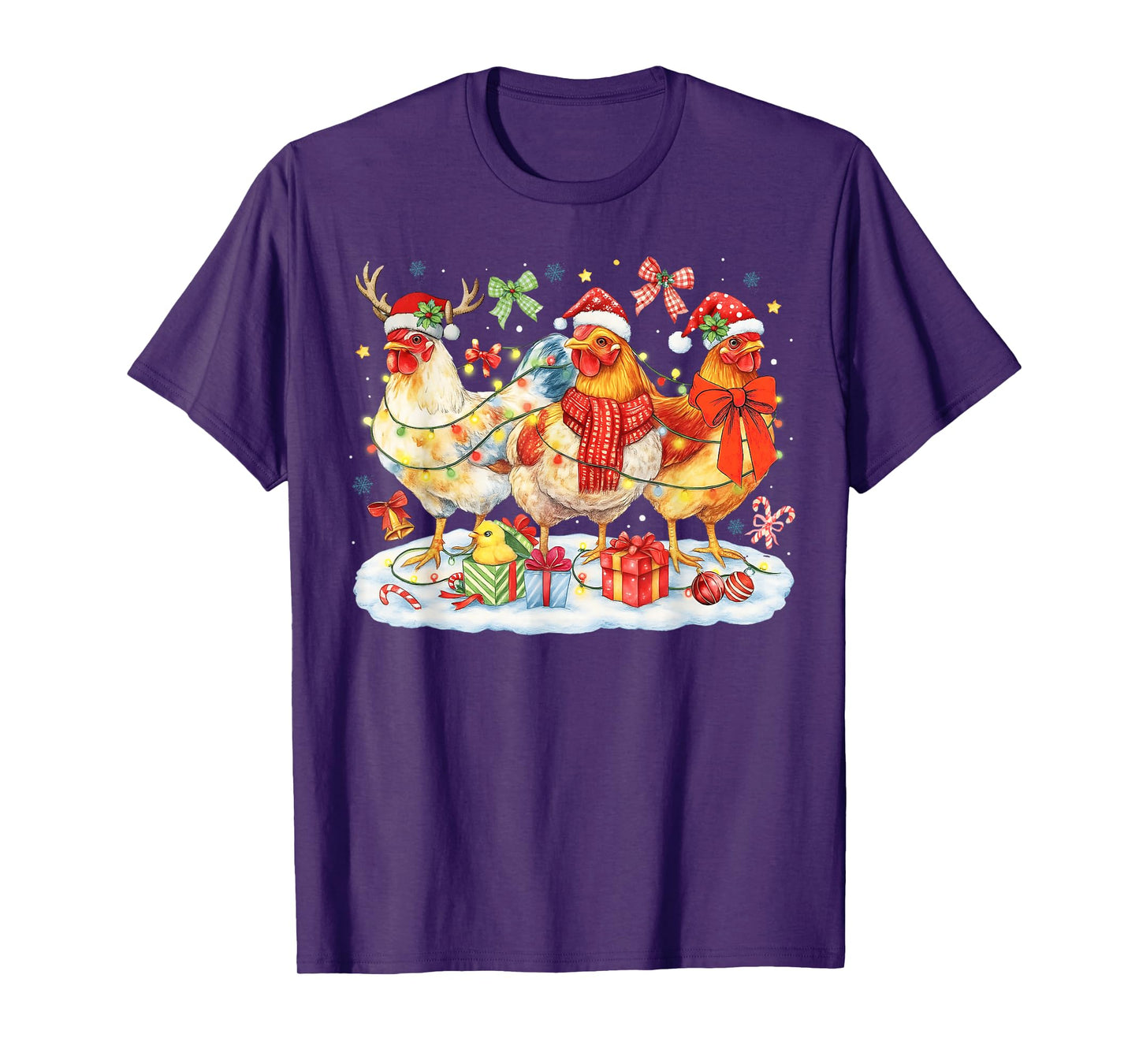Chicken Christmas Lights Santa Hats Reindeer Funny Holiday T-Shirt
