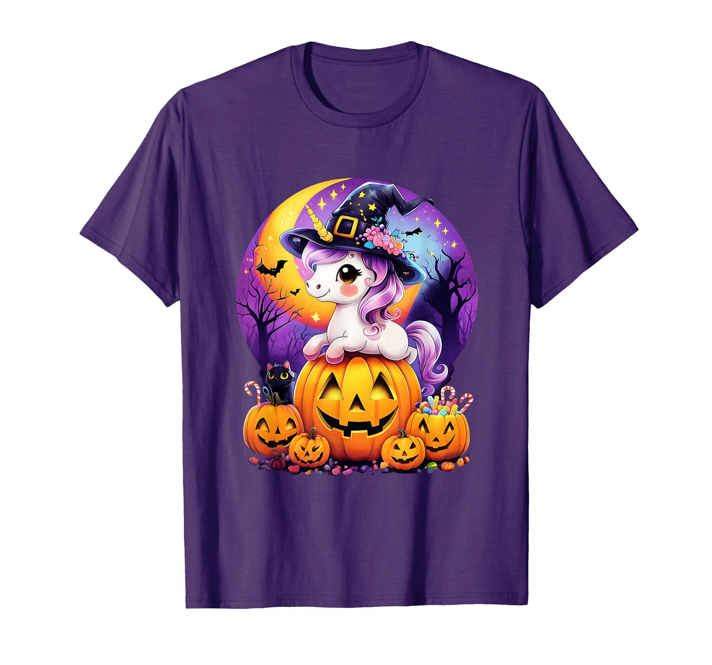 Purple Night Sky Witch Unicorrn Jack O Lantern Halloween T-Shirt