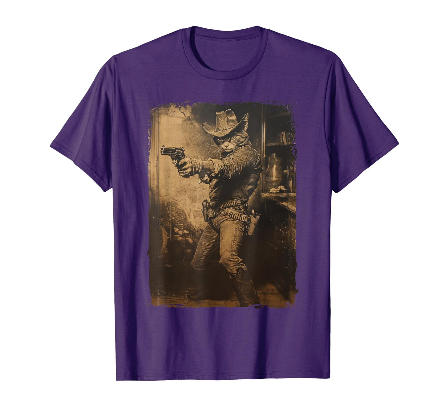Vintage Cowboy Cat with Revolver Gunslinger Wild West Outlaw T-Shirt