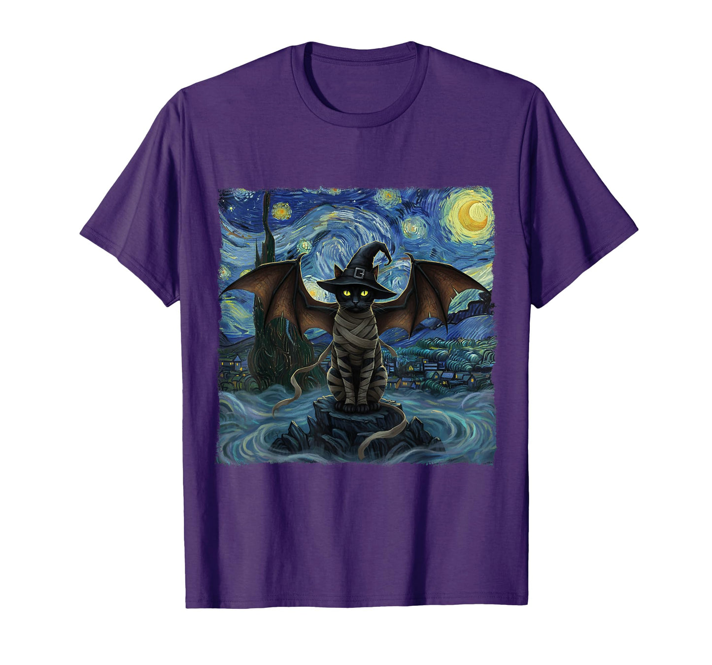 Vampire Cat with Bat Wings Cat Starry Night Cat Halloween T-Shirt