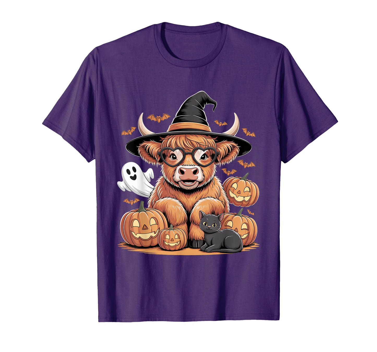 Cute Highland Cow Witch Halloween Pumpkin Black Cat Ghost T-Shirt