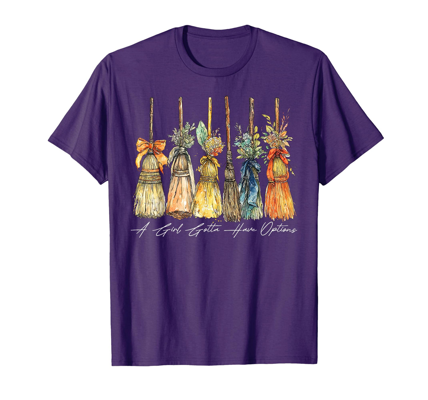 A Girl Gotta Have Options Halloween Witches Bow Floral Broom T-Shirt