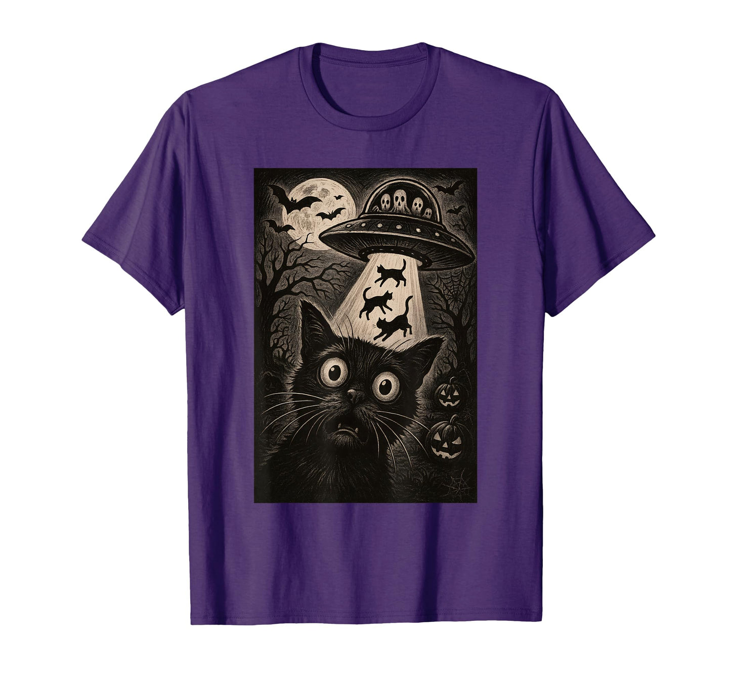 Halloween Cat Selfie Scary Alien Abduction Cats UFO Flying T-Shirt
