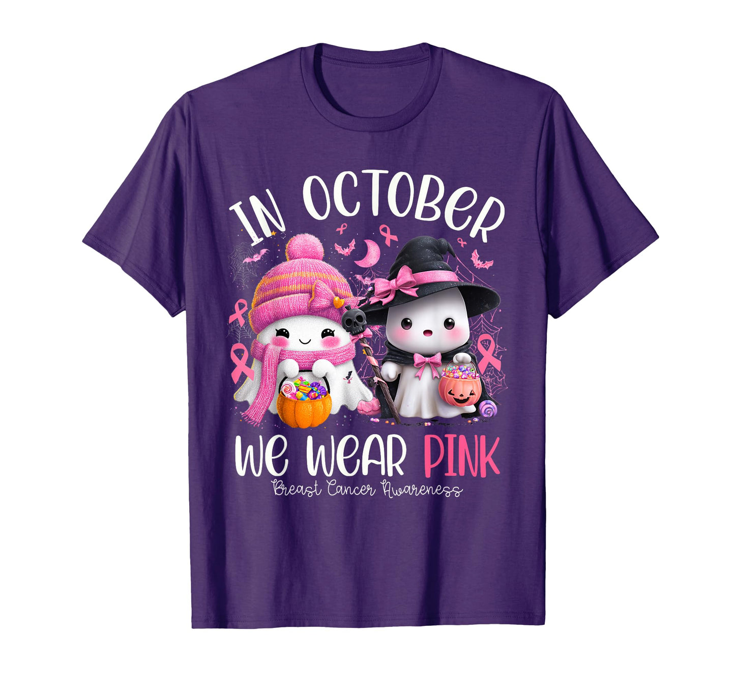 in October We Wear Pink Ghost Witch Breast Cancer Awareness T-Shirt