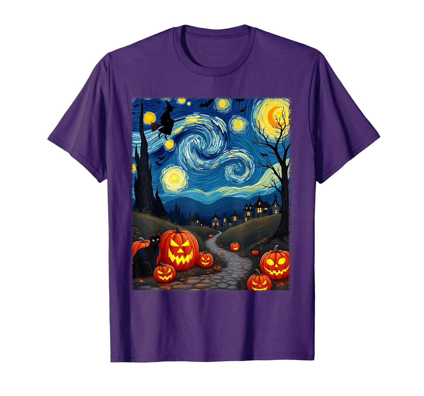 Black Cat Van Gogh Halloween Witchy Night Sky Party Costume T-Shirt