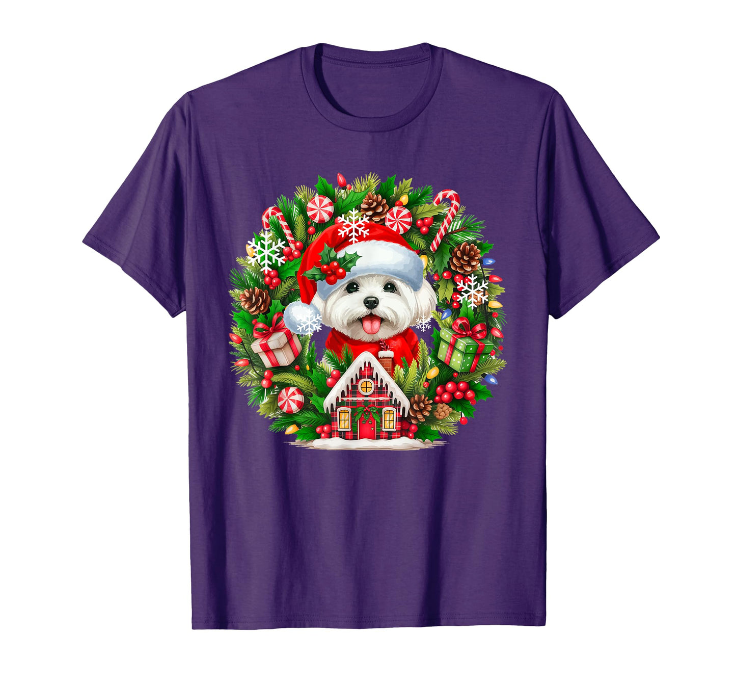 Santa Maltese Christmas Floral Circle Matching Owner Kids T-Shirt