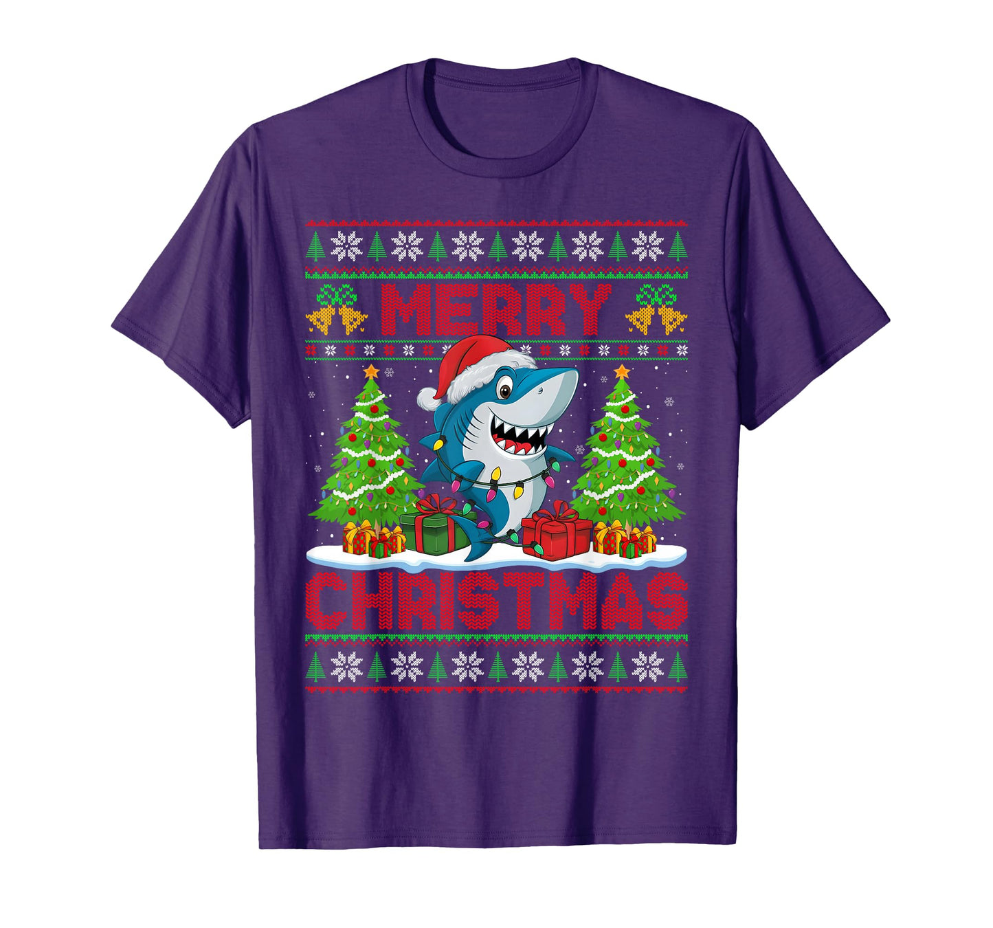Shark Ugly Christmas Sweaters Funny Santa Hat Lights Xmas T-Shirt