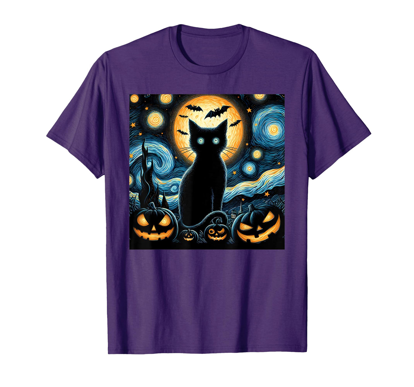 Halloween Starry Night Black Cat Van Gogh Halloween Cat T-Shirt for Men Women Kids