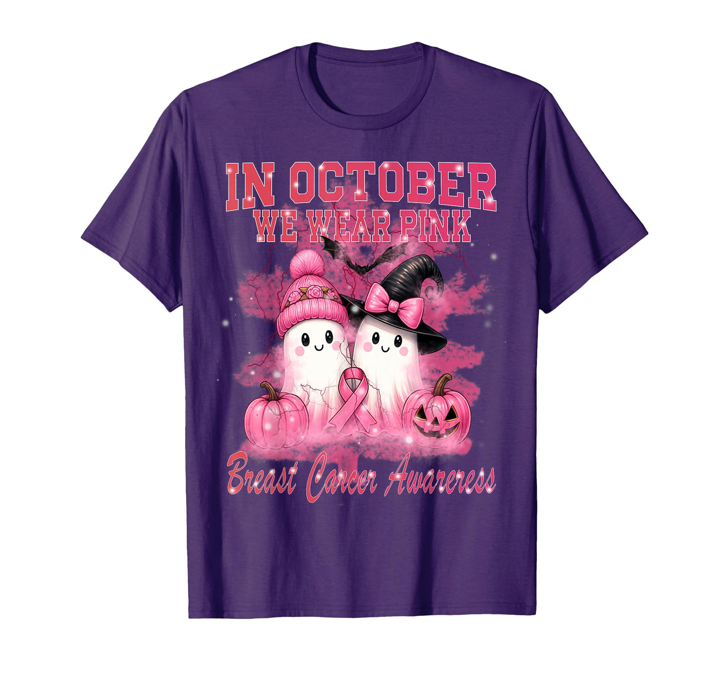in October We Wear Pink Ghost Witch Breast Cancer Awareness T-Shirt