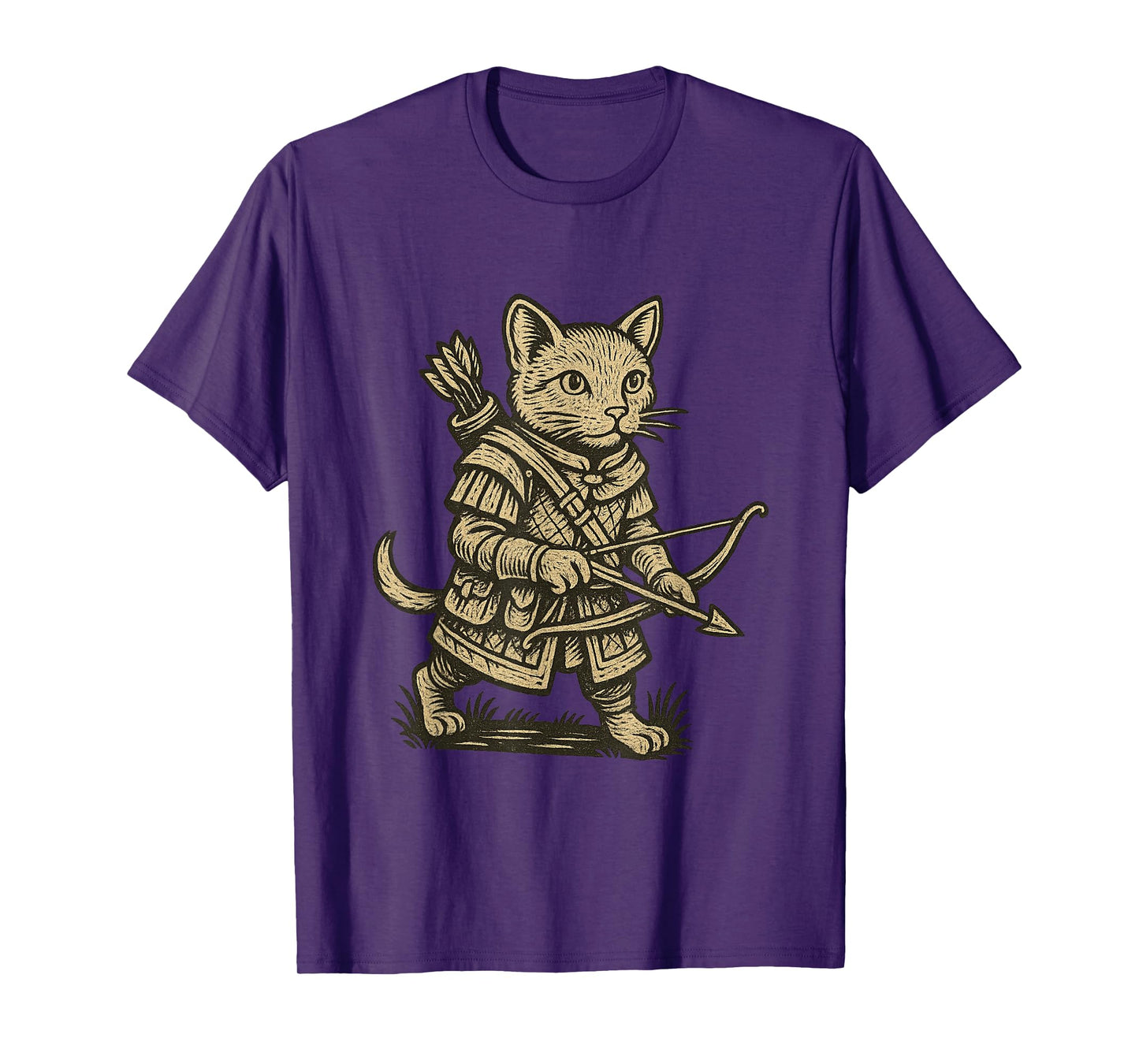 Medieval Warrior Cat Archer Renaissance Woodcut-style T-Shirt