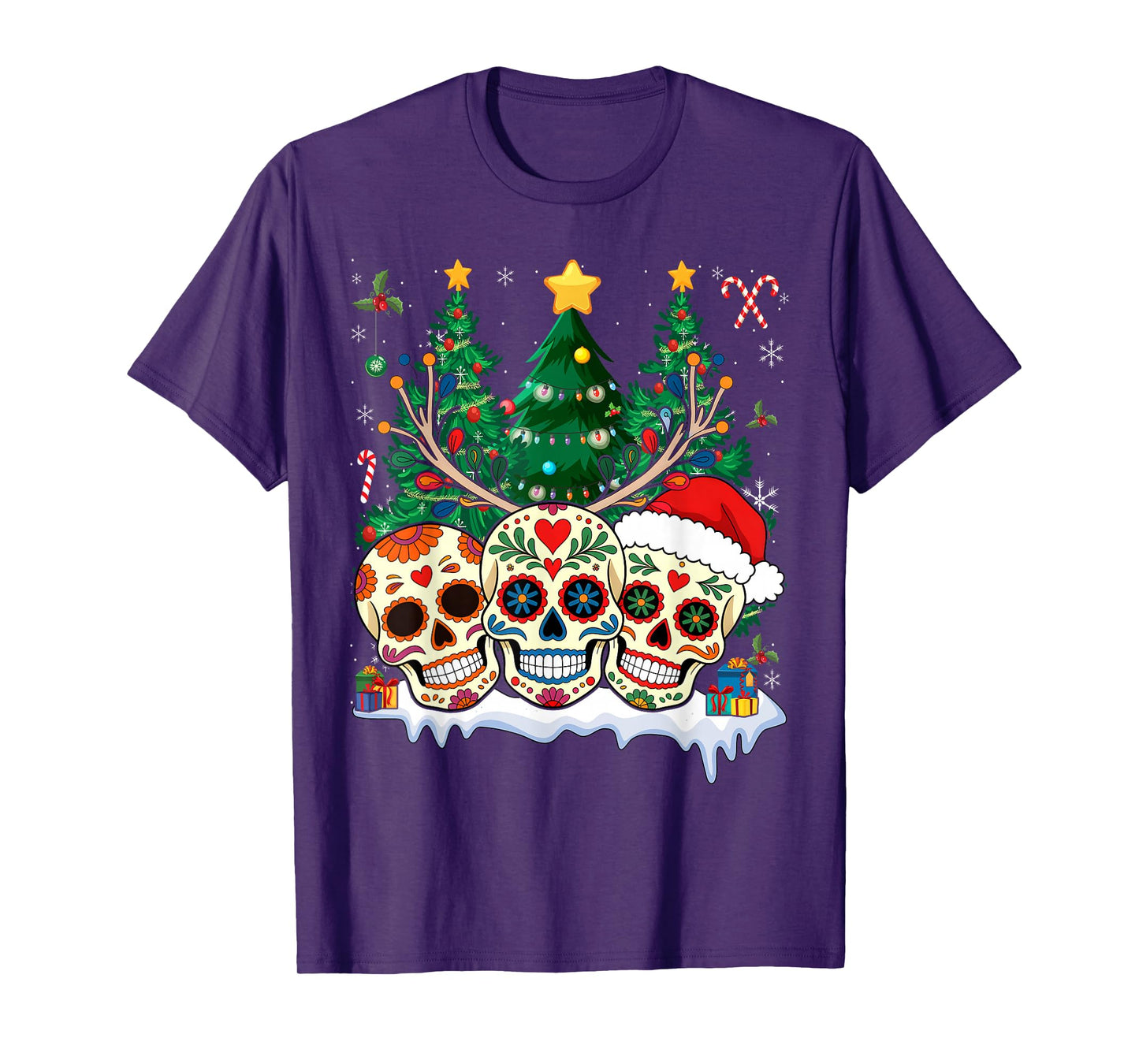 Sugar Skulls Reindeer Santa Fun Christmas Mexican Latin T-Shirt