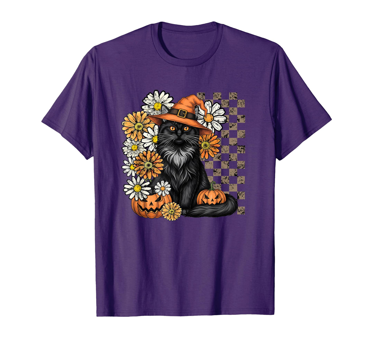 Halloween Black Cat Witch Checkered Print Fall Floral T-Shirt