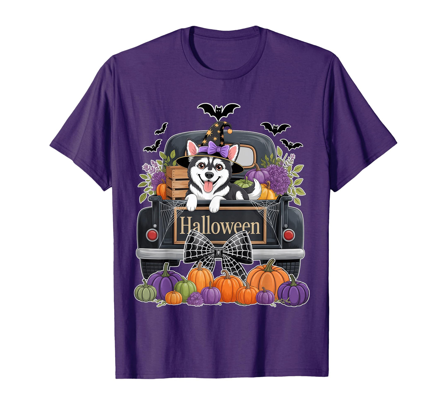 Siberian Husky Witch Hat Truck Pumpkin Dog Lovers Halloween T-Shirt