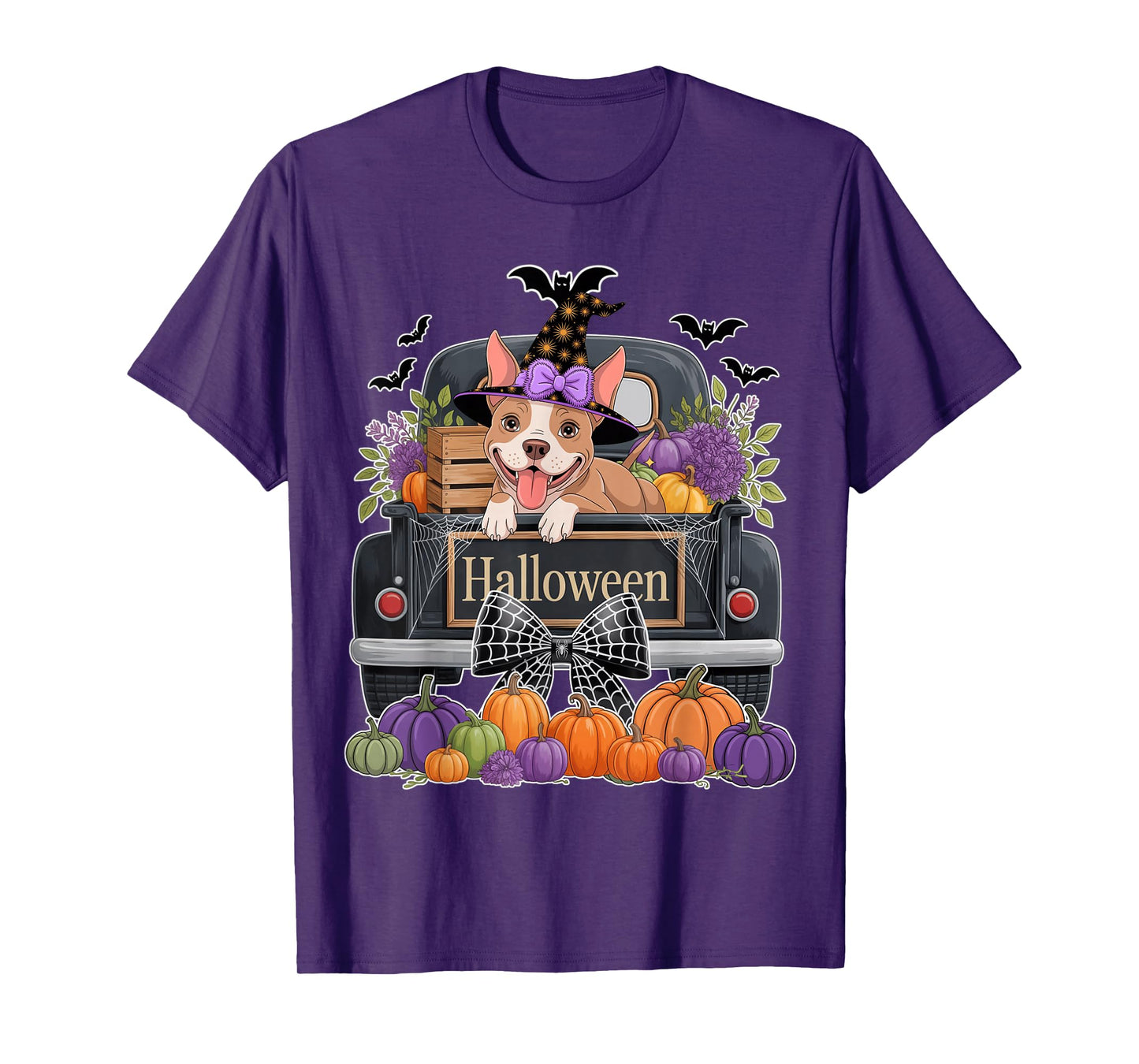 Funny Pitbull Witch Hat Truck Pumpkin Dog Lovers Halloween T-Shirt