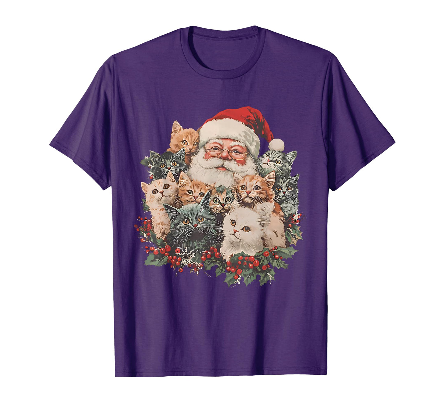 Vintage Funny Santa Claus and Kittens Cats Christmas Wreath T-Shirt