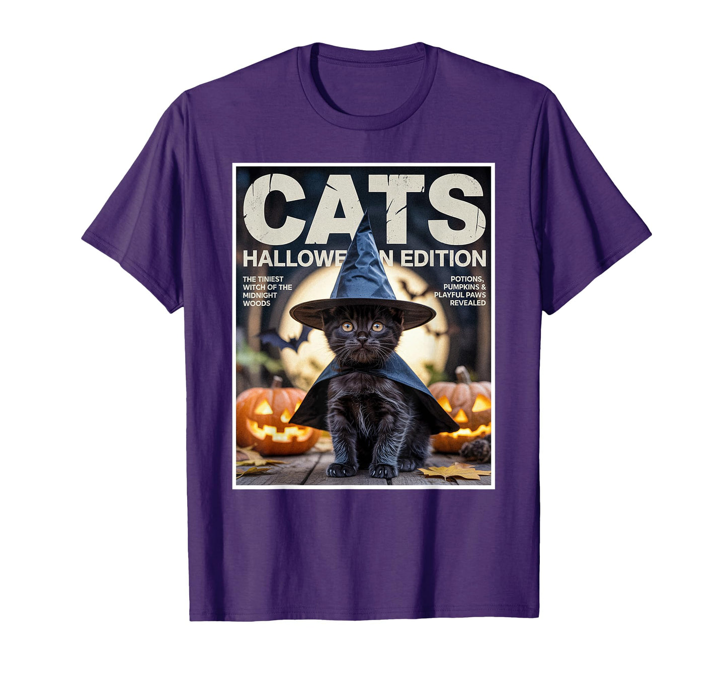 Cute Funny Black Cat in Witch Costume and Pumpkins Halloween T-Shirt