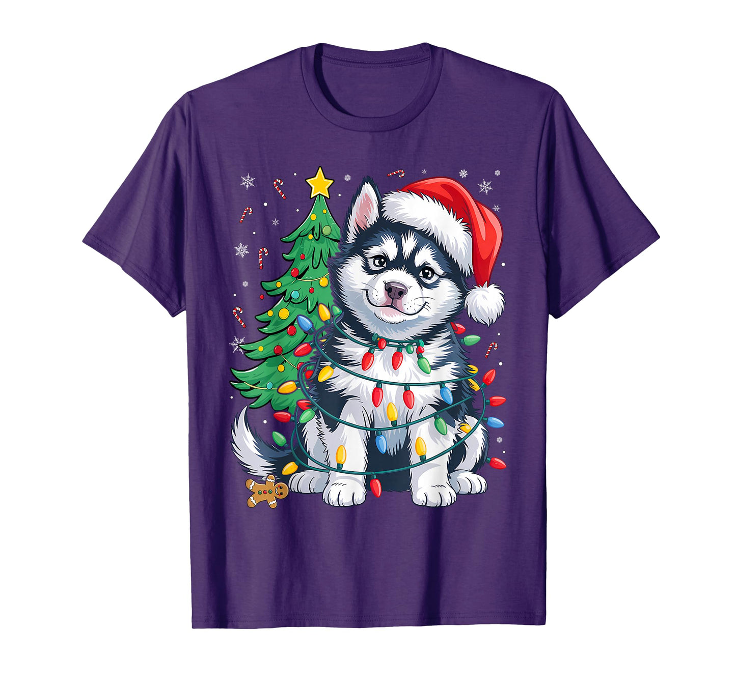 Siberian Husky Santa Christmas Tree Lights Xmas Boys Dog T-Shirt