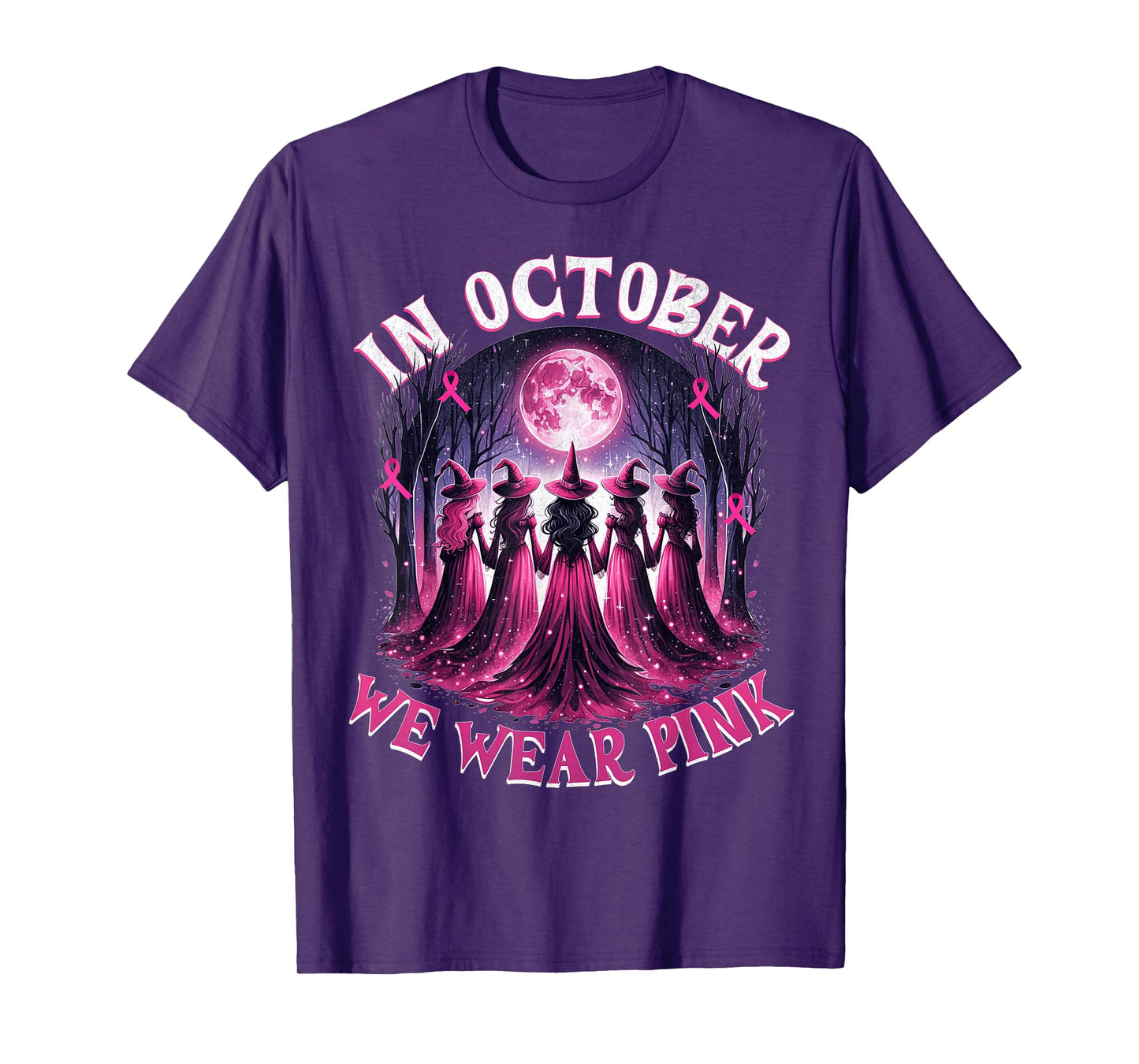 in October We Wear Pink Witch Halloween Breast Cancer Women T-Shirt