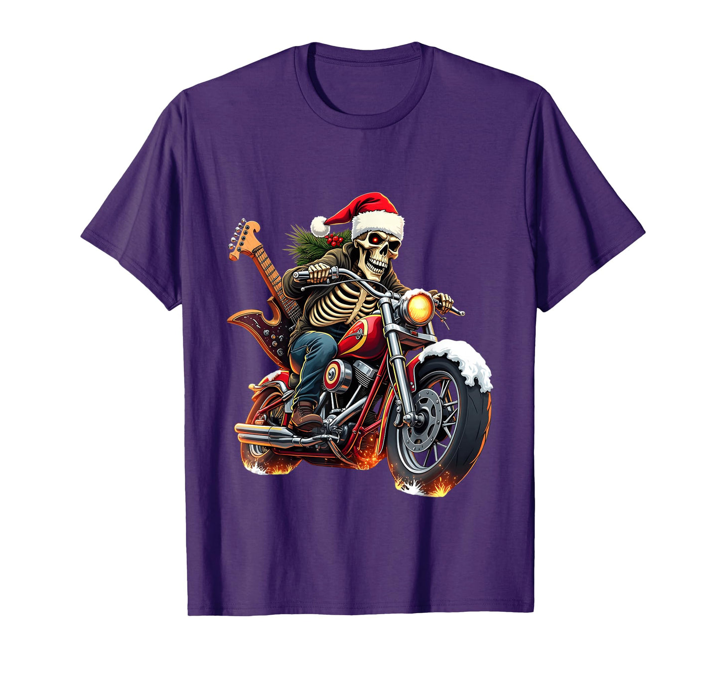Christmas Skeleton Biker Rock Music Flame Santa Hat Guitar T-Shirt