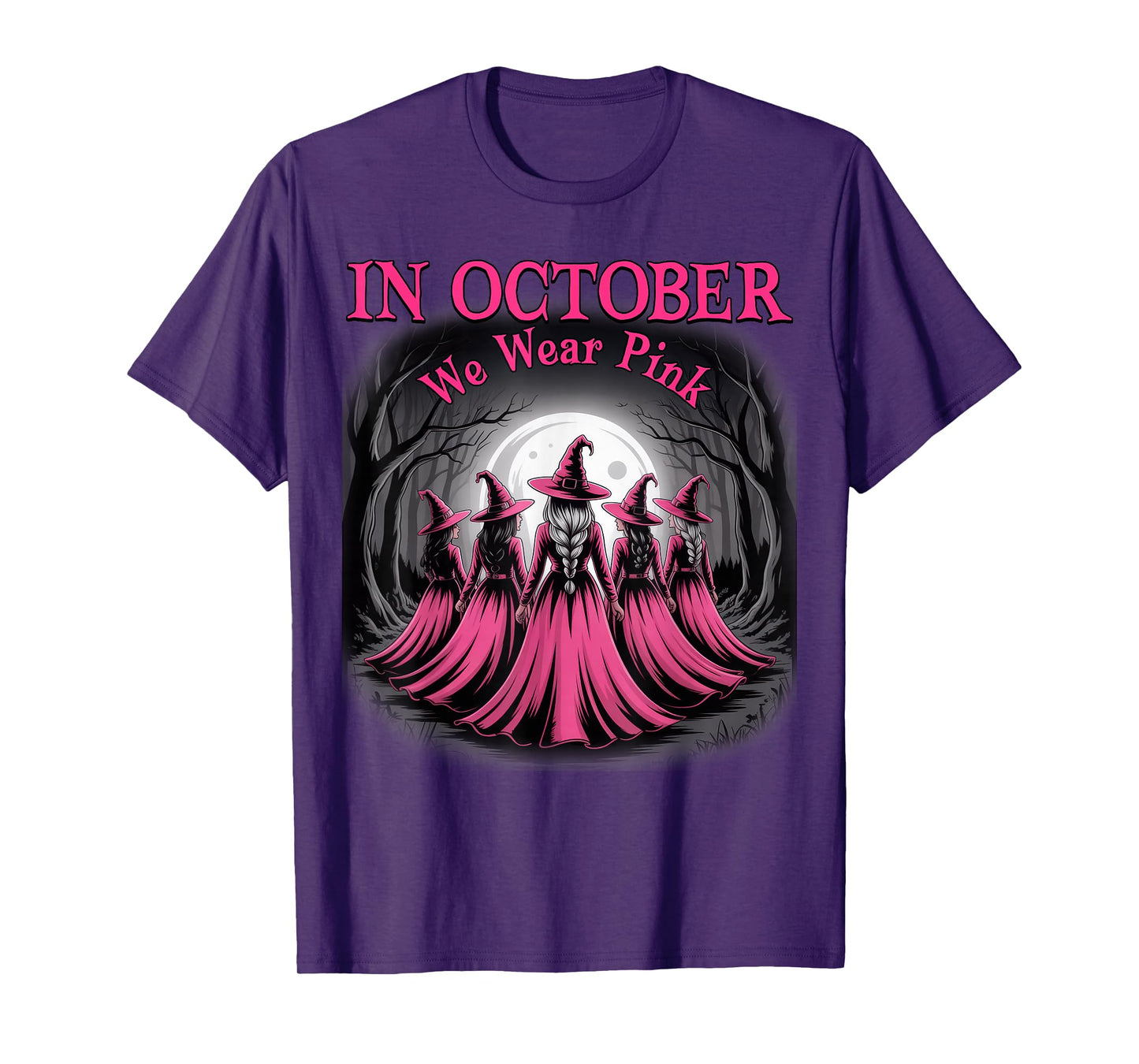in October We Wear Pink Witch Halloween Breast Cancer Women T-Shirt