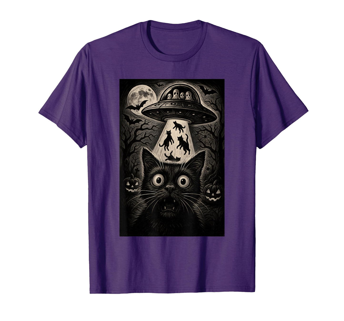 Halloween Cat Selfie Scary Alien Abduction Cats UFO Flying T-Shirt
