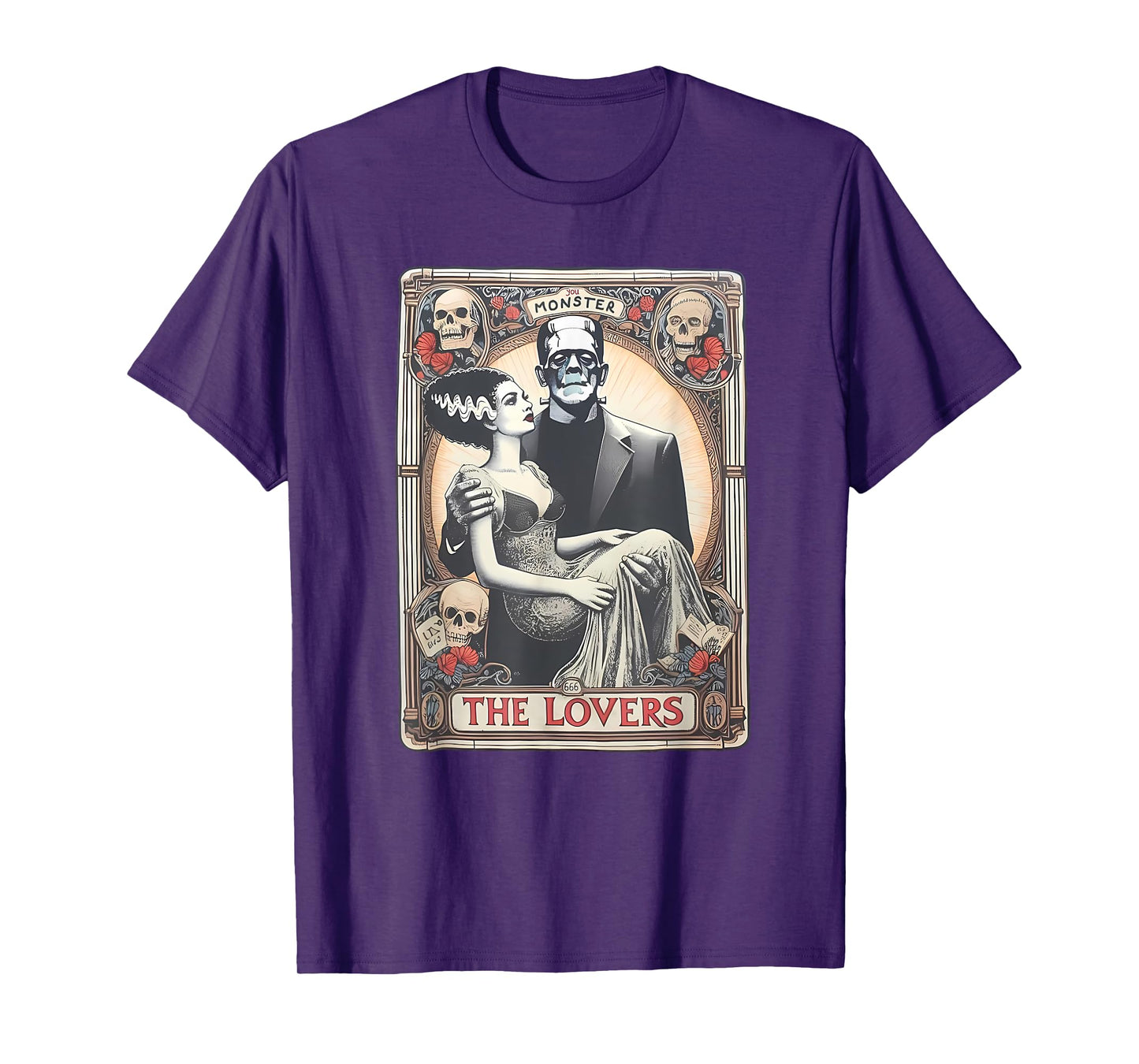 Retro Halloween Frankenstein Tarot Card T-Shirt - Unisex Adults - Black - Small - Short Sleeve - Regular Fit - Cotton 100%, Polyester Blend - Halloween, Retro, Couples, Tarot Card Fans, Unisex