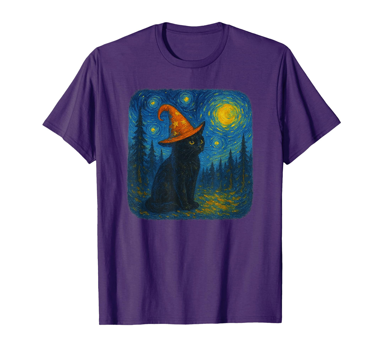 Funny Black Cat Witch Hat Starry Night Halloween Parody Art T-Shirt
