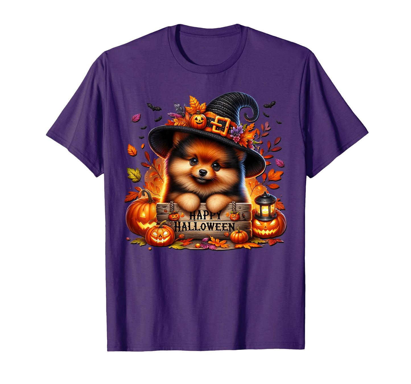 Witchy Pomeranian Puppy in Black Witch Hat Happy Halloween T-Shirt