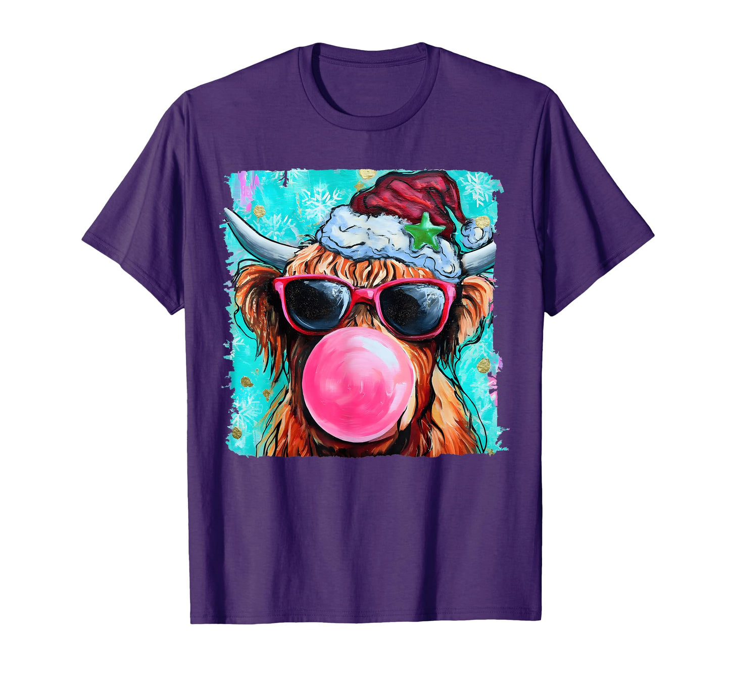 Christmas Highland Cow Heifer Merry Christmas Bubble Gum T-Shirt
