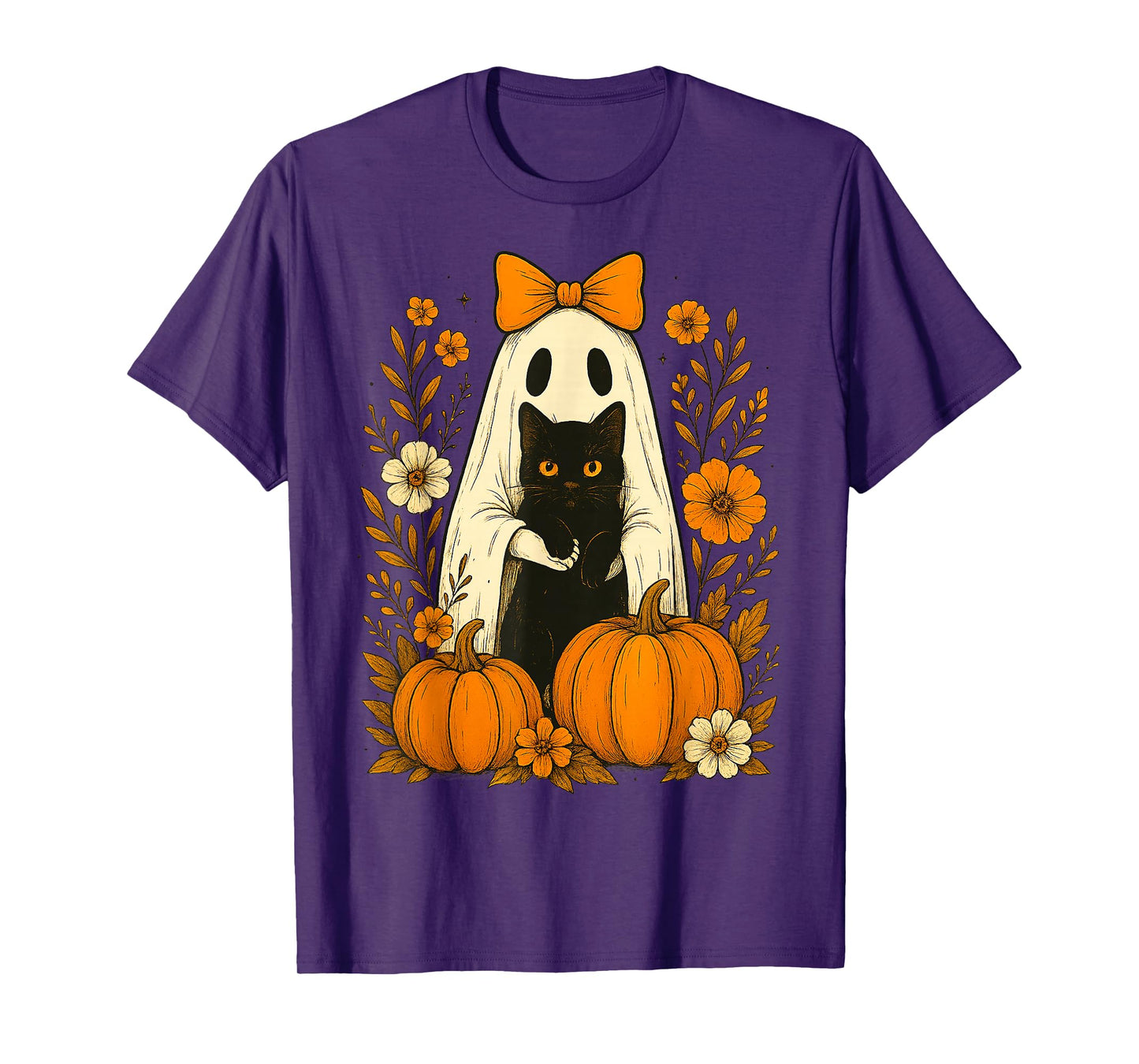 Cute Ghost Black Cat Halloween Pumpkin Groovy Floral Gifts T-Shirt