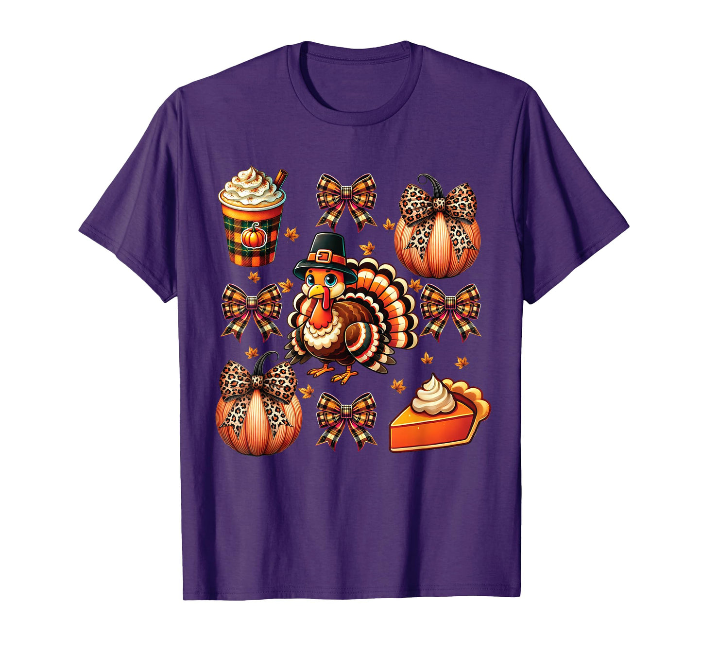Turkey Drinking Coffee Bow Thanksgiving Womens Turkey Day T-Shirt