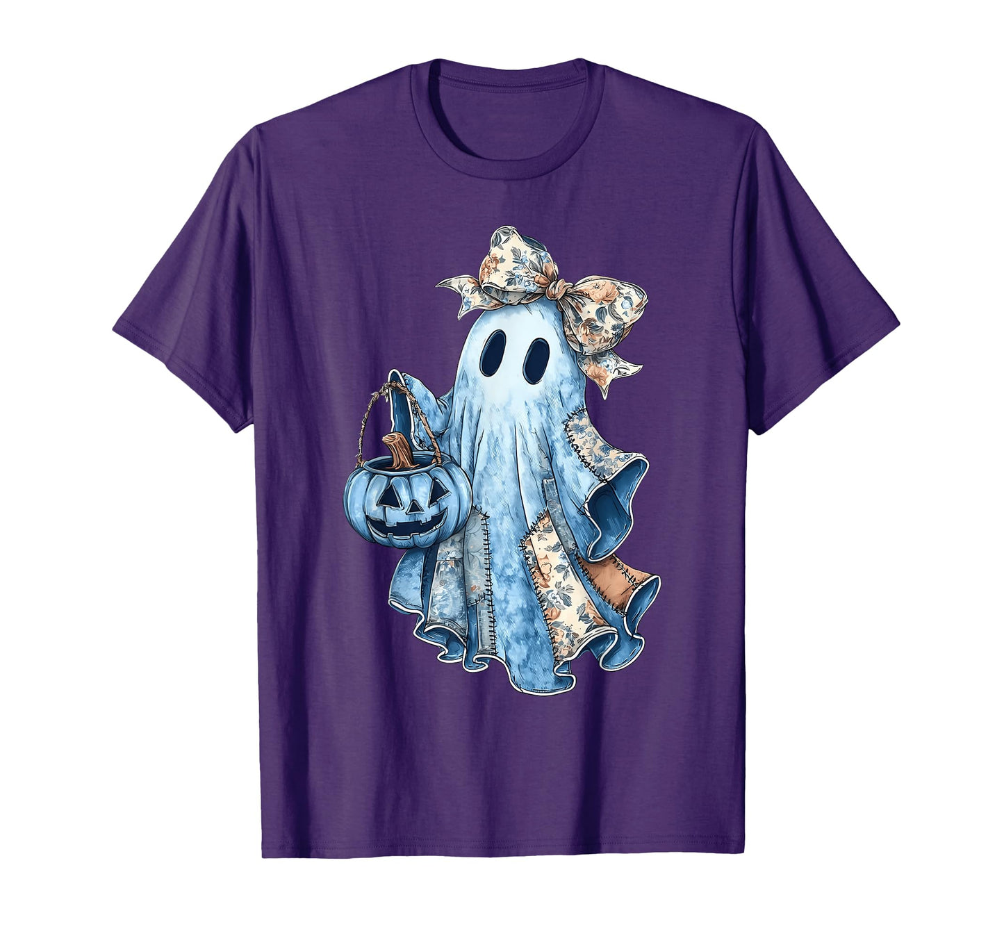 Retro Halloween Blue Denim Ghost Floral Patchwork Haloween T-Shirt