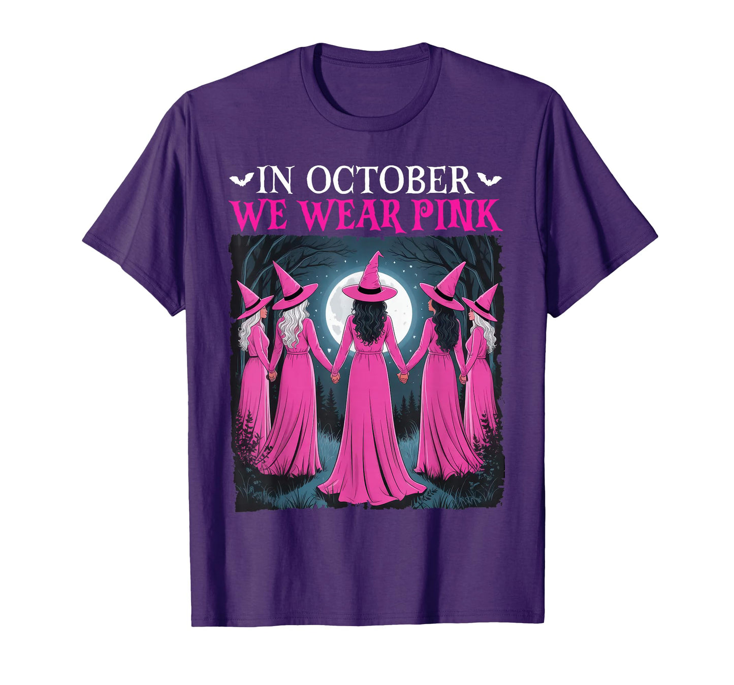 in October We Wear Pink Witch Halloween Breast Cancer Women T-Shirt