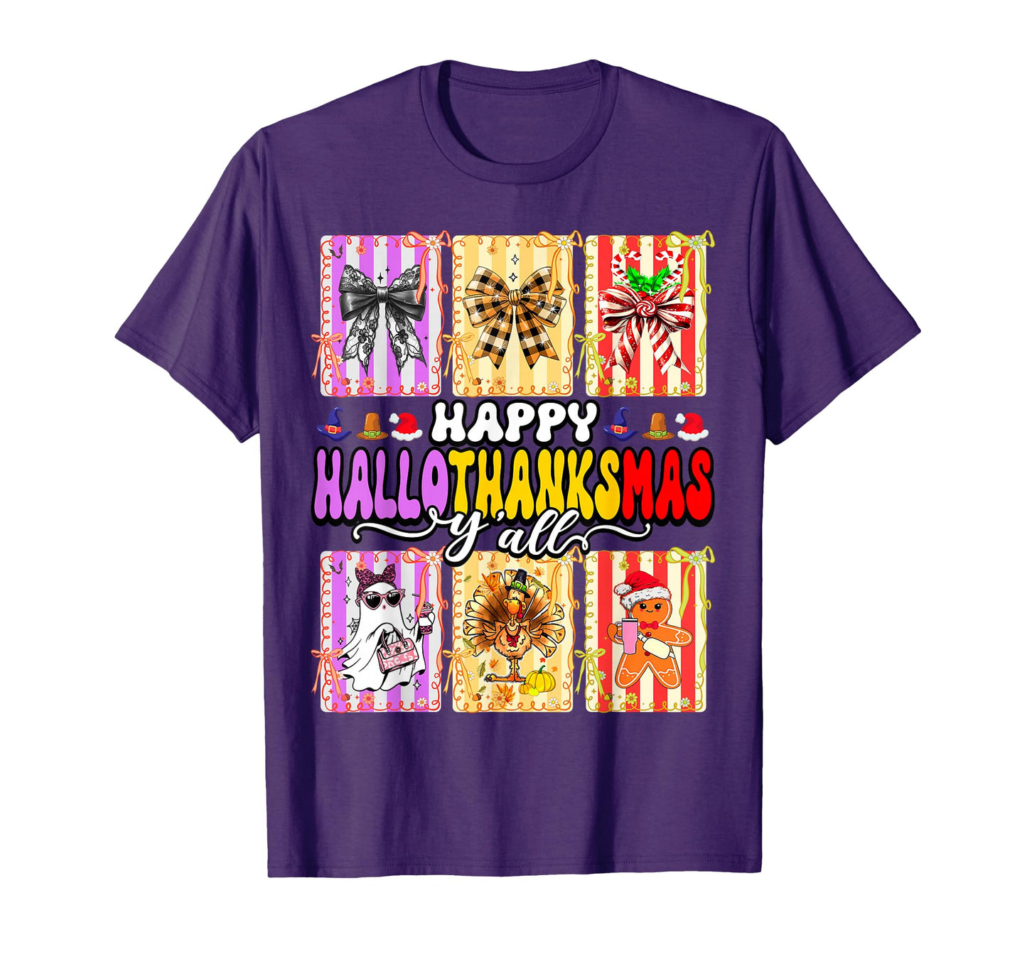 Happy Hallothanksmas Y’All Funny Holiday Mashup Coquette Bow T-Shirt